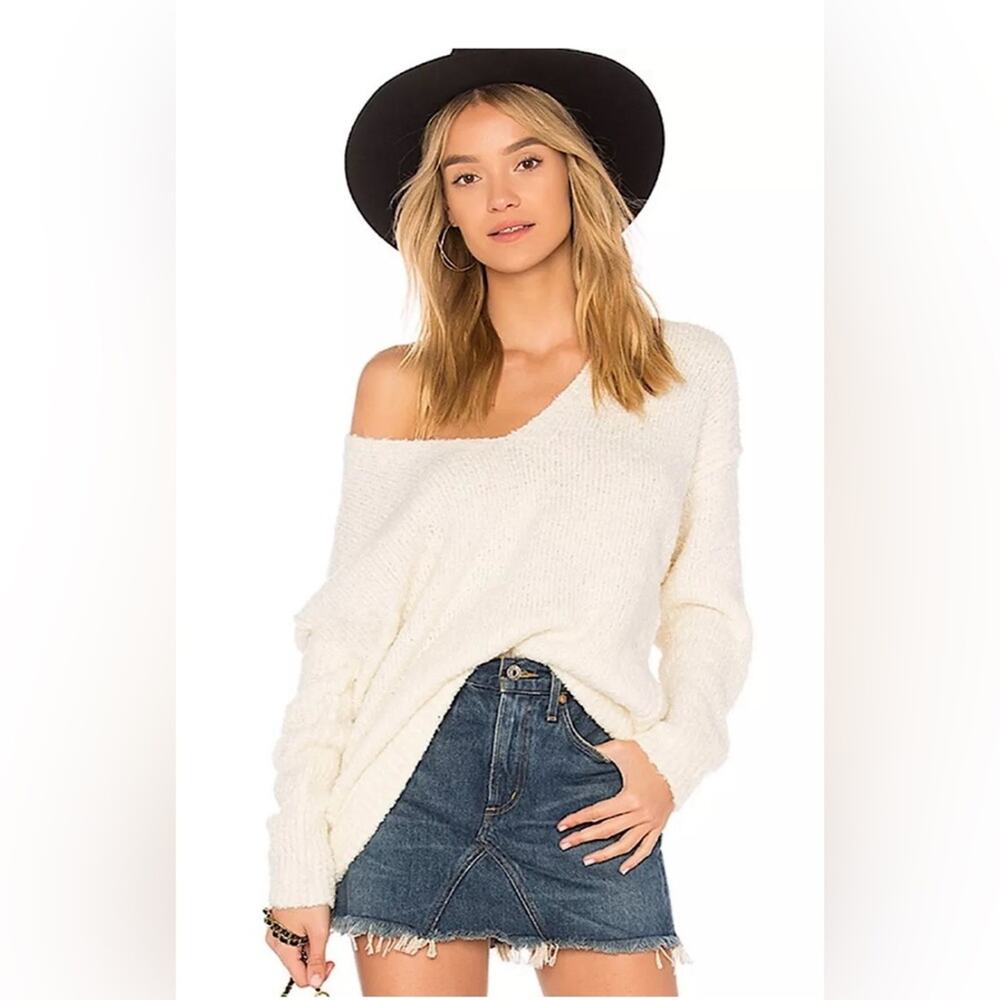 Free People Lofty V Neck Sweater Pullover Ivory Medium OB674942